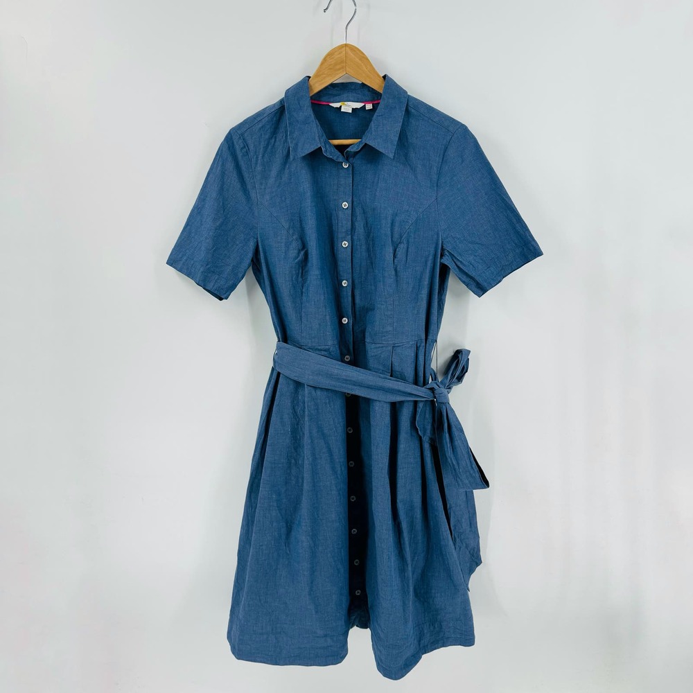 Boden Blue Chambray Short Sleeve Button Down Shirt Dress with Waist Tie SIze 12R